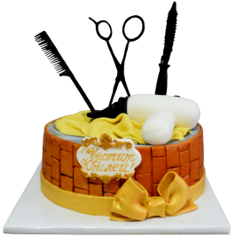 Cake F998 “Hairdresser Set” – hairdresser themed cake with 3D fondant scissors, comb and gold decoration