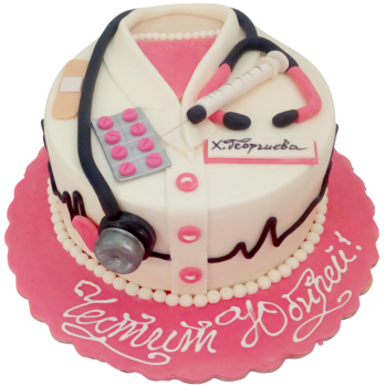 Medical anniversary cake F717 in the shape of an apron with 3D fondant elements