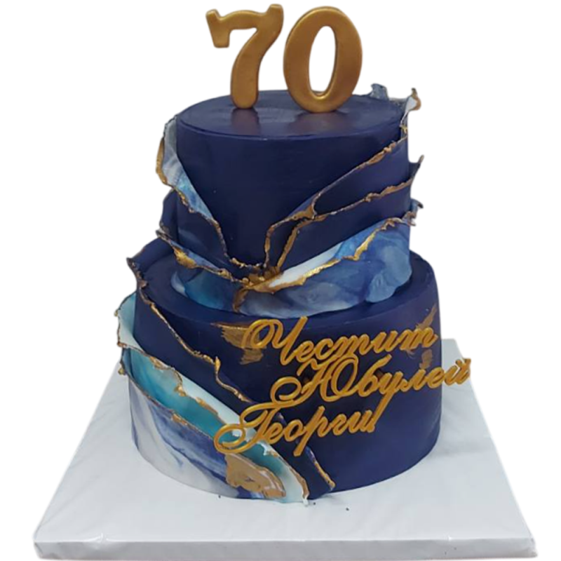 🎂✨ Anniversary cake "Blue marble with gold - 70 years" - F-1854