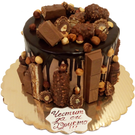 Chocolate cake with drip effect, hazelnuts and chocolate desserts - F467