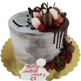 Modern cake with marble effect, chocolate drip and fresh fruits - F861