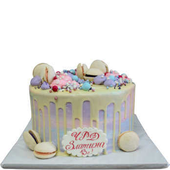 Modern pastel cake with macaroons and drip effect - F982