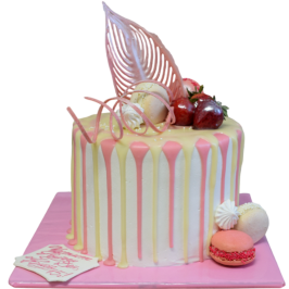 Modern cake with pink drip effect and macarons in pastel tones - F1031