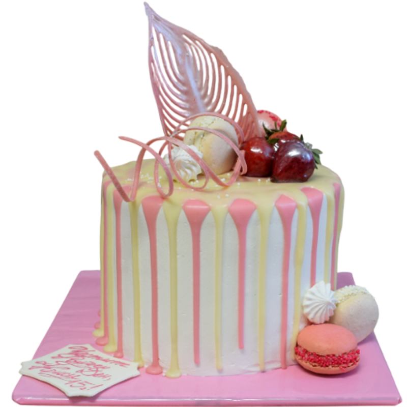🎀🍓 Modern Cake "Pink Drip with Macarons" - F-1031