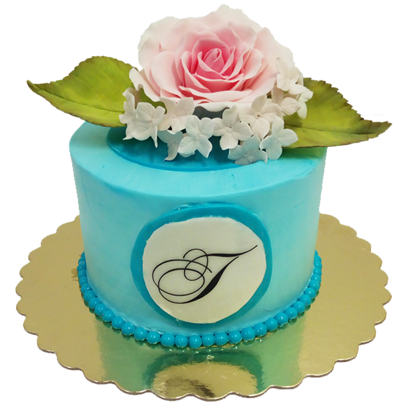 🌸🎂 Празнична торта „Тюркоазена роза с монограм“ – Ф-551