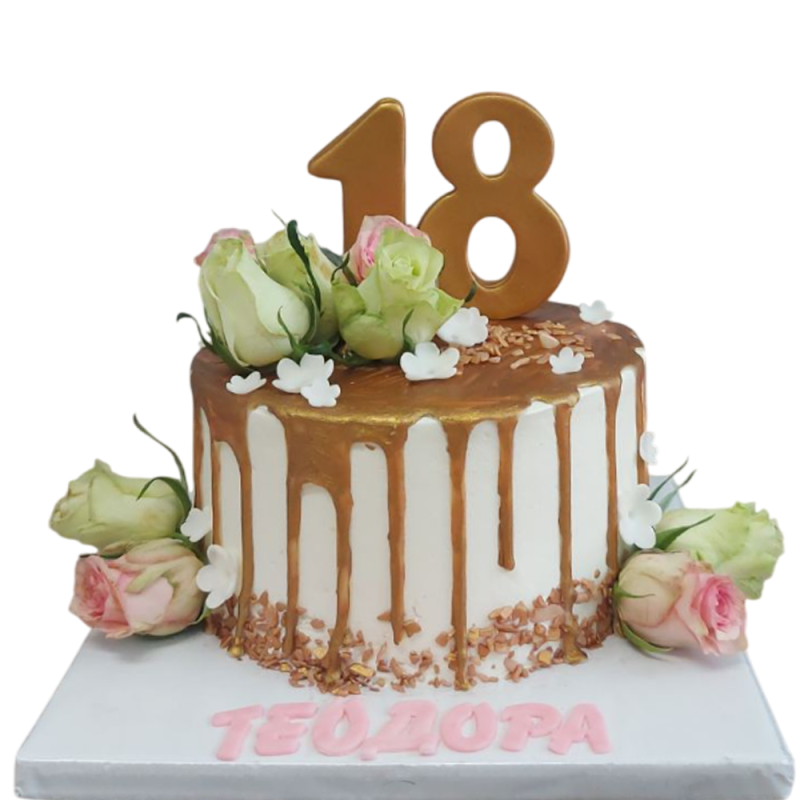 🎂🌹 Празнична торта „Златен дрип с рози – 18“ – Ф-1729 🎂🌹 Празнична торта „Златен дрип с рози – 18“ – Ф-1729