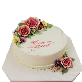 Festive cake with roses and flowers made of sugar fondant - Ф646