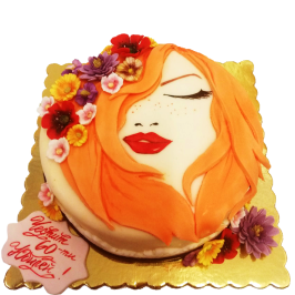 Art cake with a female portrait and flowers in warm shades – Ф524