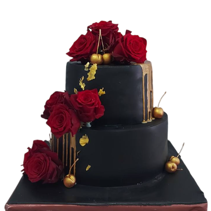 🌹🎂 Luxury cake with natural roses "Black and Gold" - F-1626