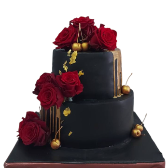 🌹🎂 Luxury cake with natural roses "Black and Gold" - F-1626