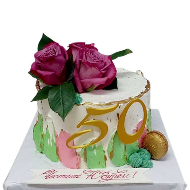 ๐น๐ Anniversary cake with natural roses "50 golden years" - F-1793 ๐น๐ Anniversary cake with natural roses "50 golden years" - F-1793