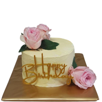 🌹🎂 Elegant cake with natural roses "Happy Birthday" - F-1940