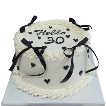 Anniversary cake "Hello 30" in white with black ribbons and hearts – F1816