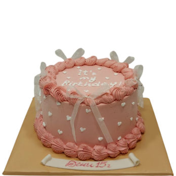Pink anniversary cake with the inscription “It’s my Birthday”, white hearts and cream ornaments – F1830