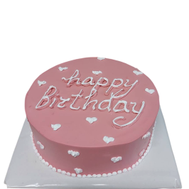 Розова рожденна торта с надпис „Happy Birthday“ и бели сърчица – Ф2179