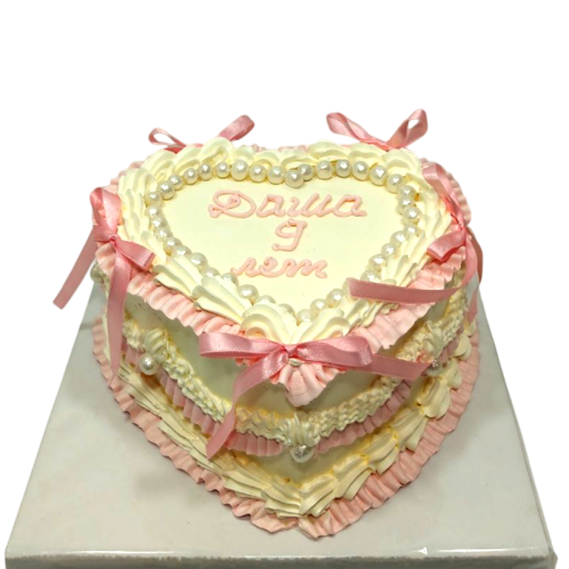 🎂💗 Birthday cake heart with pearls and ribbons – F-1821