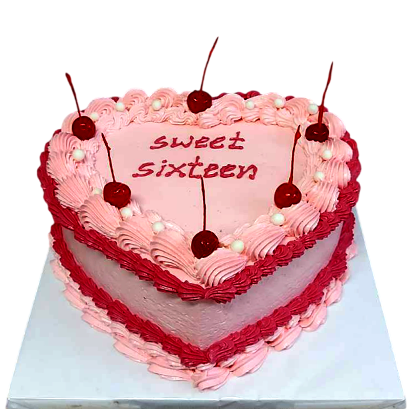 🎂💖 Birthday cake heart "Sweet Sixteen" with cherries – F-1839