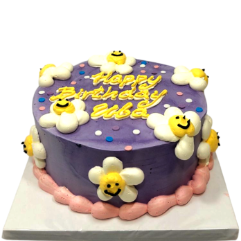 Бутикова лилава торта с усмихнати цветя и надпис Happy Birthday – модел Ф1819