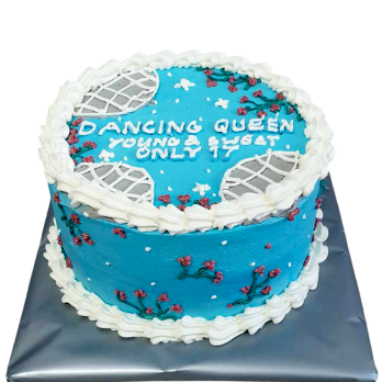 Синя арт торта с флорални декорации и надпис Dancing Queen – модел Ф1801