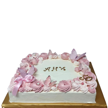 Delicate cake with butterflies, pink cream and decorative ribbon – model Ф1531