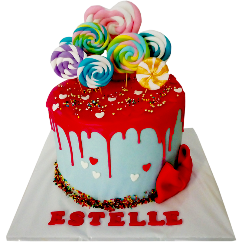 "Lolli Pop" cake with colorful lollipops and pink drip F-686