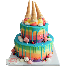 Rainbow Cake with Ice Creams – Colorful Two-Tier Children's Cake F-939