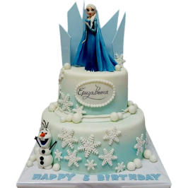 Frozen cake with Elsa and Olaf, snowflakes and ice crystals - model F1967.