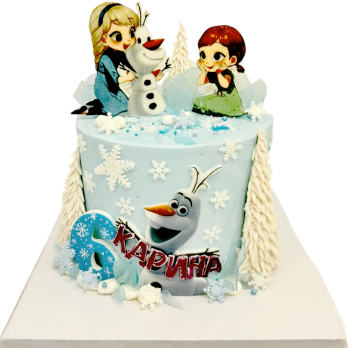 Frozen cake with little Elsa, Anna and Olaf, snowflakes and winter decoration.