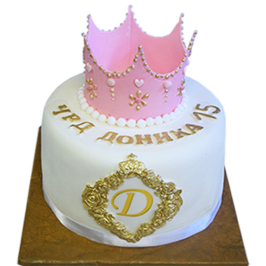 Cake with a pink crown and a gold monogram R-695