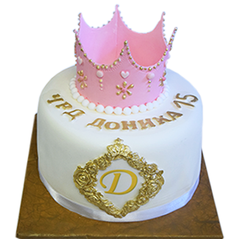 Cake with a pink crown and a gold monogram R-695