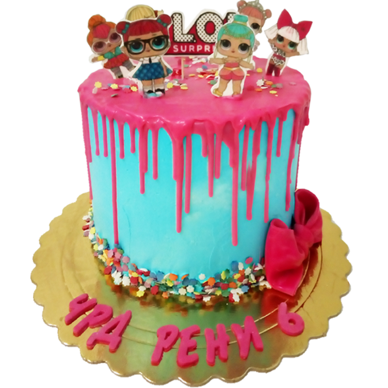 Children's LOL Surprise cake with blue-pink drip and figurines – F-585