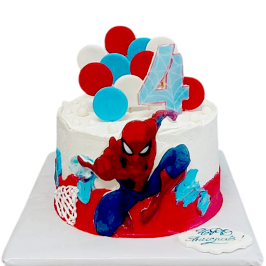 Children's cake F1941 in white with red-blue accents, 2D sugar-fondant decoration of Spider and 3D number 4.