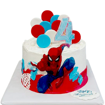 Children's cake F1941 in white with red-blue accents, 2D sugar-fondant decoration of Spider and 3D number 4.