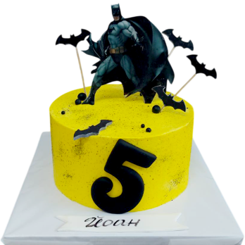 Batman children's cake in yellow with 2D sugar-fondant decoration with printed image, number 5 – F1730.