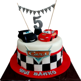Kids Cars cake with racing theme – 3D cars, checkered flag and number 5, personal inscription on the front.