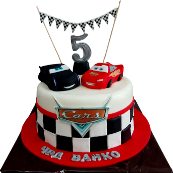 Kids Cars cake with racing theme – 3D cars, checkered flag and number 5, personal inscription on the front.