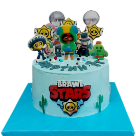 Children's cake Brawl Stars Ф1851 – light blue cake with 2D sugar-fondant printed characters, logo Brawl Stars