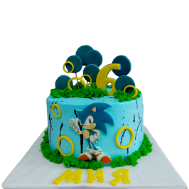 Children's Sonic cake with sugar rings, green decoration and personalized number – model F1248.