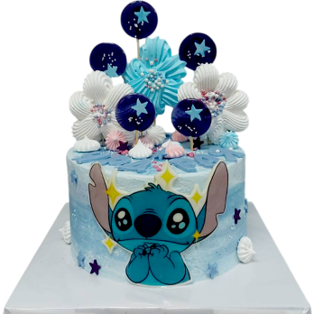 Blue children's cake with Stitch and star sugar lollipops, decorated with flowers and pearls – model F1522.