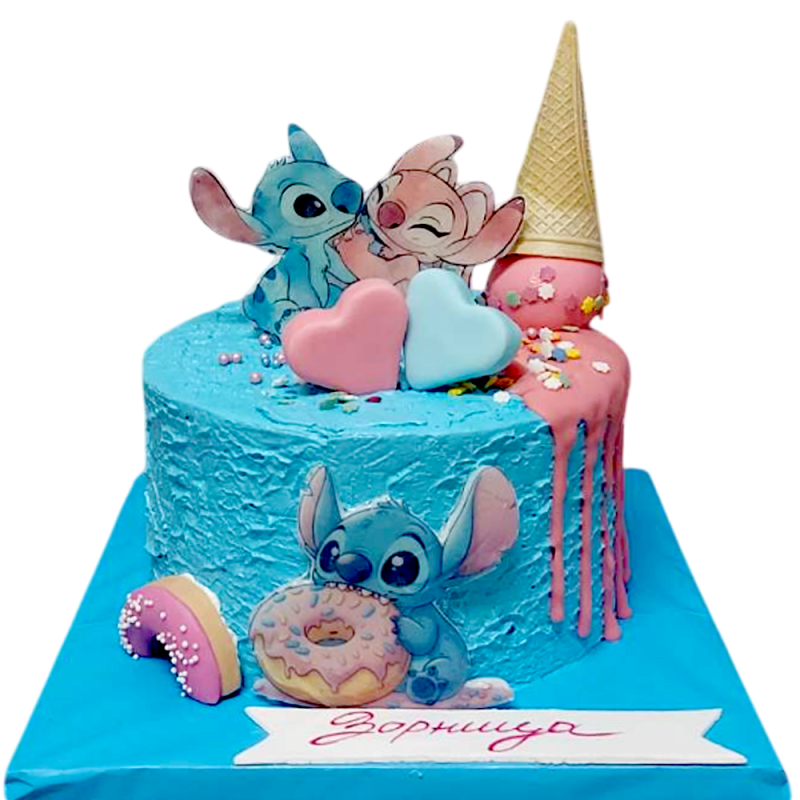 🎂 Детска торта Стич и Анджел със сладки акценти – Ф-1991 💕🍩