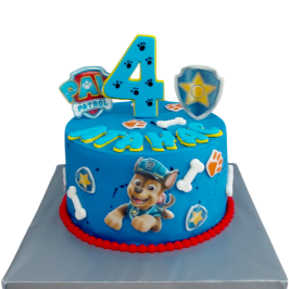 Blue children's cake "Paw Patrol" F1659 with Chase, PAW Patrol logo, police badge, paws and bones