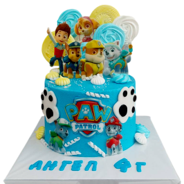 Синя детска торта „Пес Патрул“ Ф1847 с лого PAW Patrol, лапички и топери Райдер, Чейс, Ръбъл, Скай и Еверест,