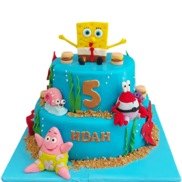 Two-tier cake SpongeBob F1773 with figures of Patrick, Gary and Mr. Krabs.