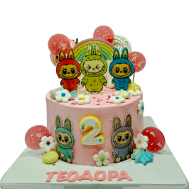 Pink Labubu children's cake with rainbow and number 2 – model F2238.