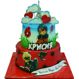 Двуетажна детска торта Калинката и Черният котарак – модел Ф1279.