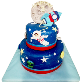 Two-tier children's cake with an astronaut, rocket and moon, space design, model F740 from Sladkarnitsa Roza