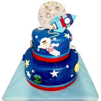Two-tier children's cake with an astronaut, rocket and moon, space design, model F740 from Sladkarnitsa Roza