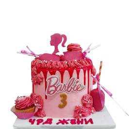 Pink Barbie children's cake with drip effect and 2D sugar decorations, model Ф1705 from Sladkarnitsa Roza