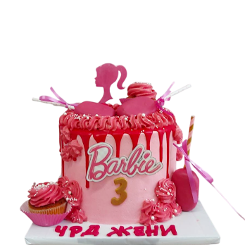Pink Barbie children's cake with drip effect and 2D sugar decorations, model Ф1705 from Sladkarnitsa Roza