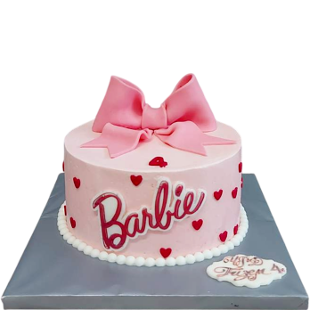 Pink Barbie children's cake with large 3D fondant ribbon and hearts, model F2007 by Sladkarnitsa Roza